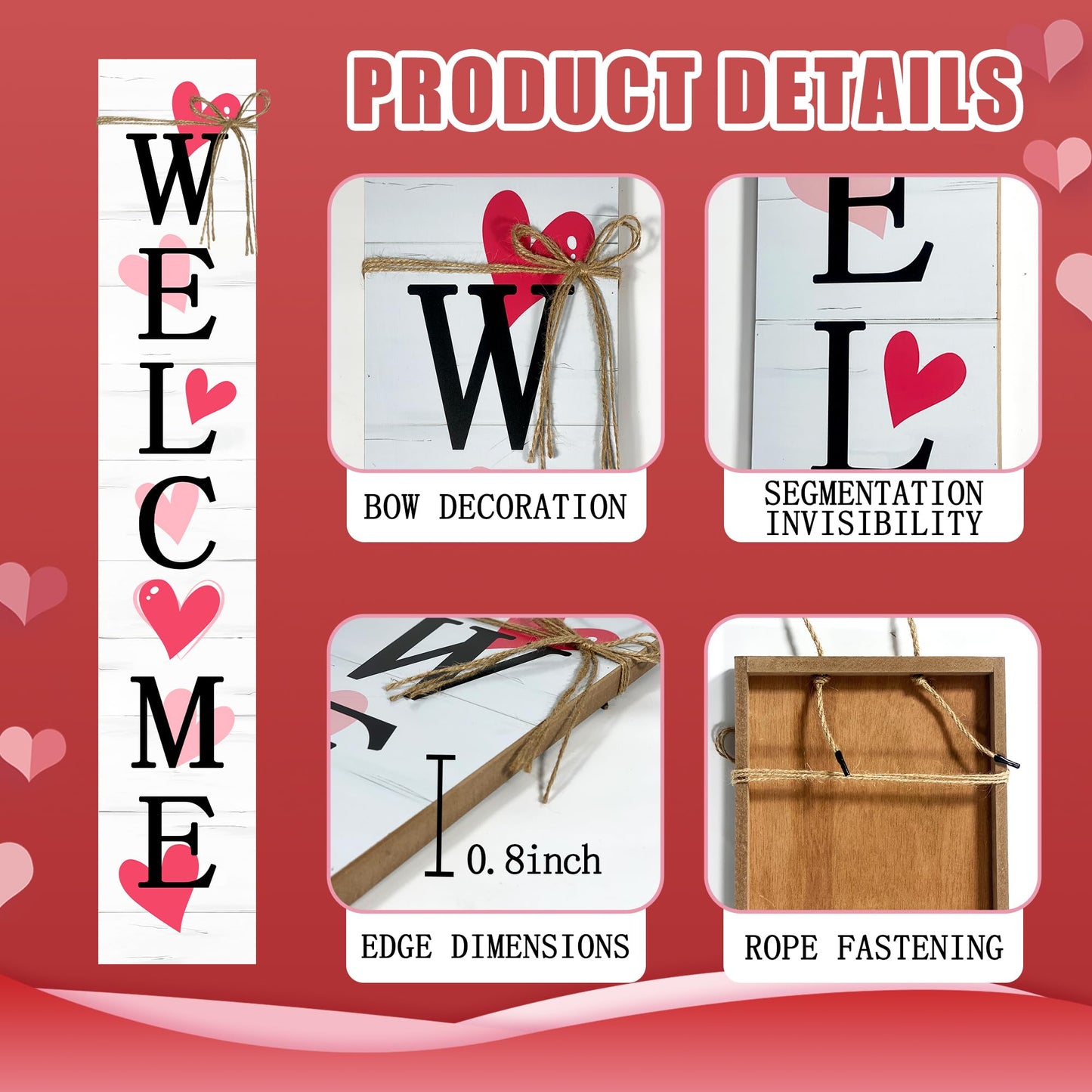 Valentine's Day Wooden Porch Sign 47" Spring Large Welcome Porch Sign for Home Front Door Yard Couple Party Decor (Red)