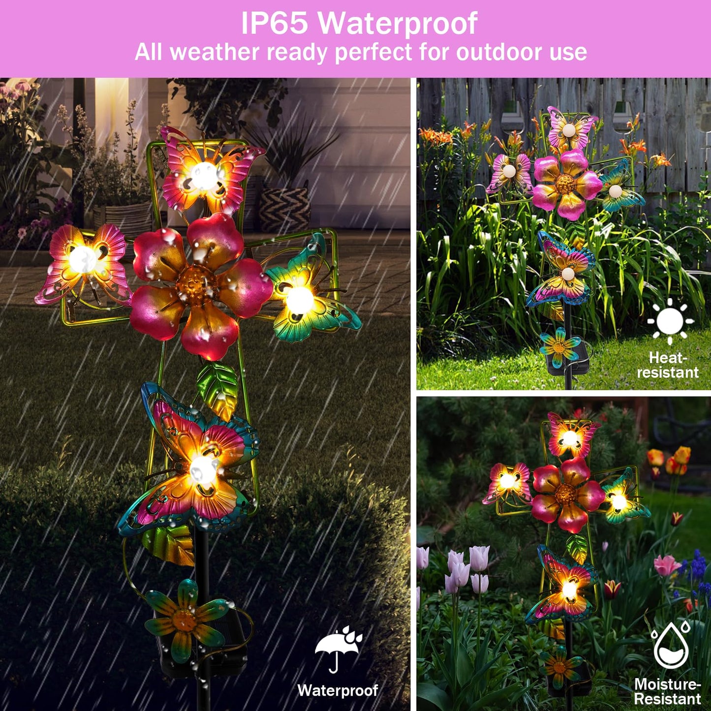 Solar Cross Garden Lights, 2 Pack Solar Butterfly Stake Lights Cemetery Decorations for Grave, Jesus Cross Sympathy Memorial Gifts for Mother Grandma, Metal Garden Art for Yard Lawn Patio Decor
