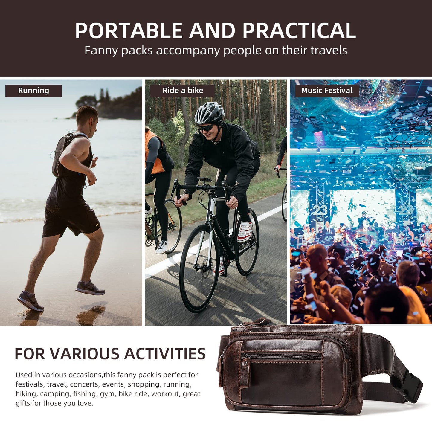 Soft Genuine Leather Fanny Pack for Men Women, Belt Bag Waist Packs Small Sling Crossbody Bag with Adjustable Strap for Travel Sport Walk (Coffee)