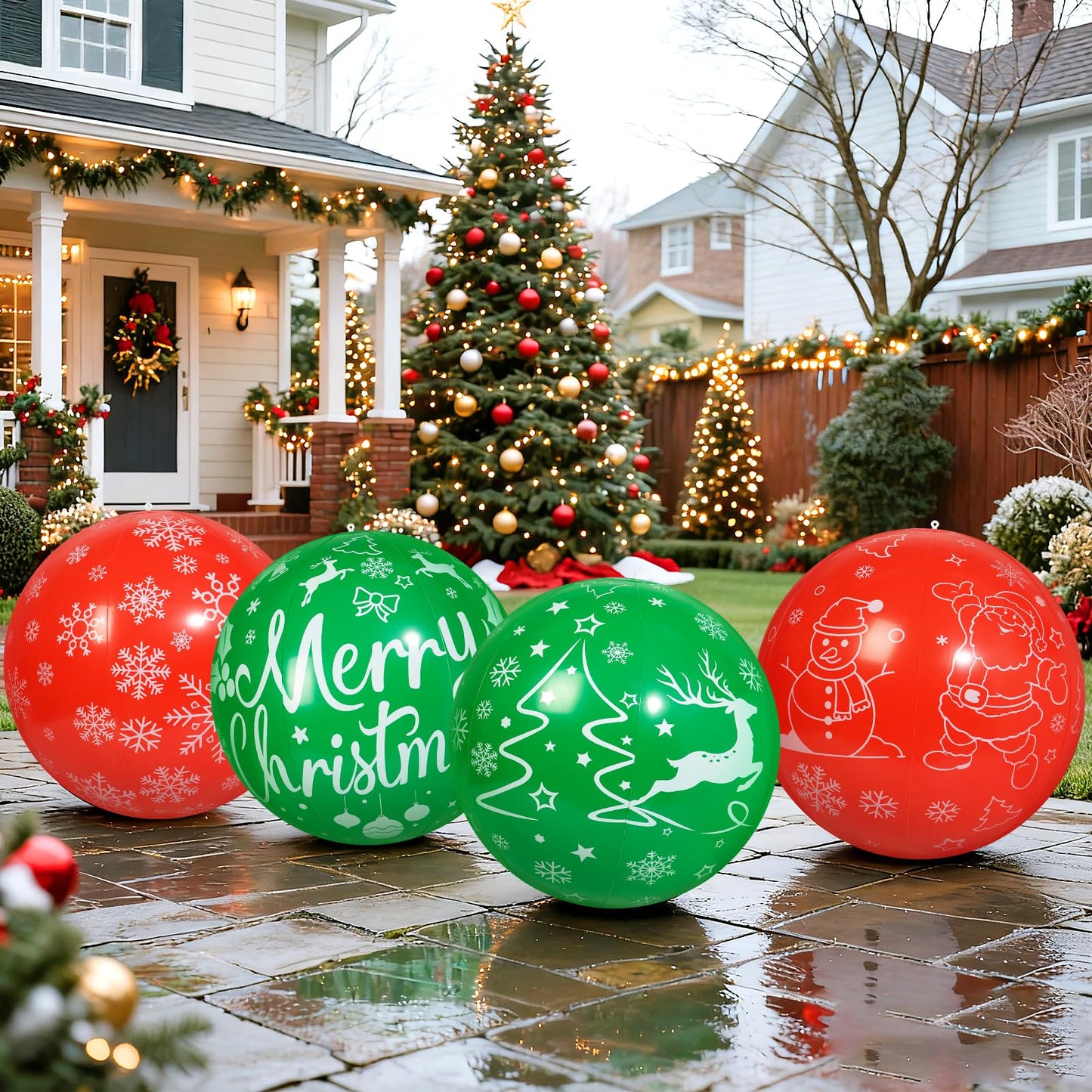 Wlicon 4 PCS 24 Inch Christmas Inflatable Balls Outdoor Inflatable Christmas Ball Ornaments for Xmas Garden Lawn Yard Holiday Front Door Window Decoration
