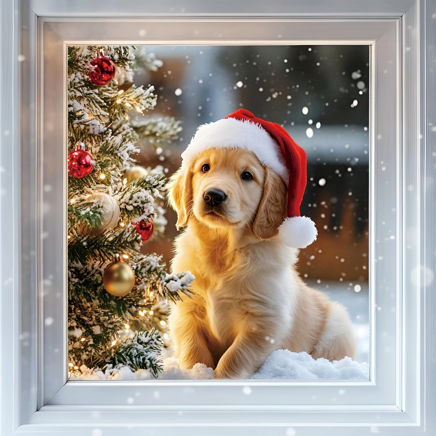 AMAZING WALL Peel and Stick Christmas Faux Window Sticker–Cute Puppy Holiday Wall Décor, Removable 3D Effect Festive Window Scene for Living Room,Bedroom,Office,31.5x31.5in/2PCS