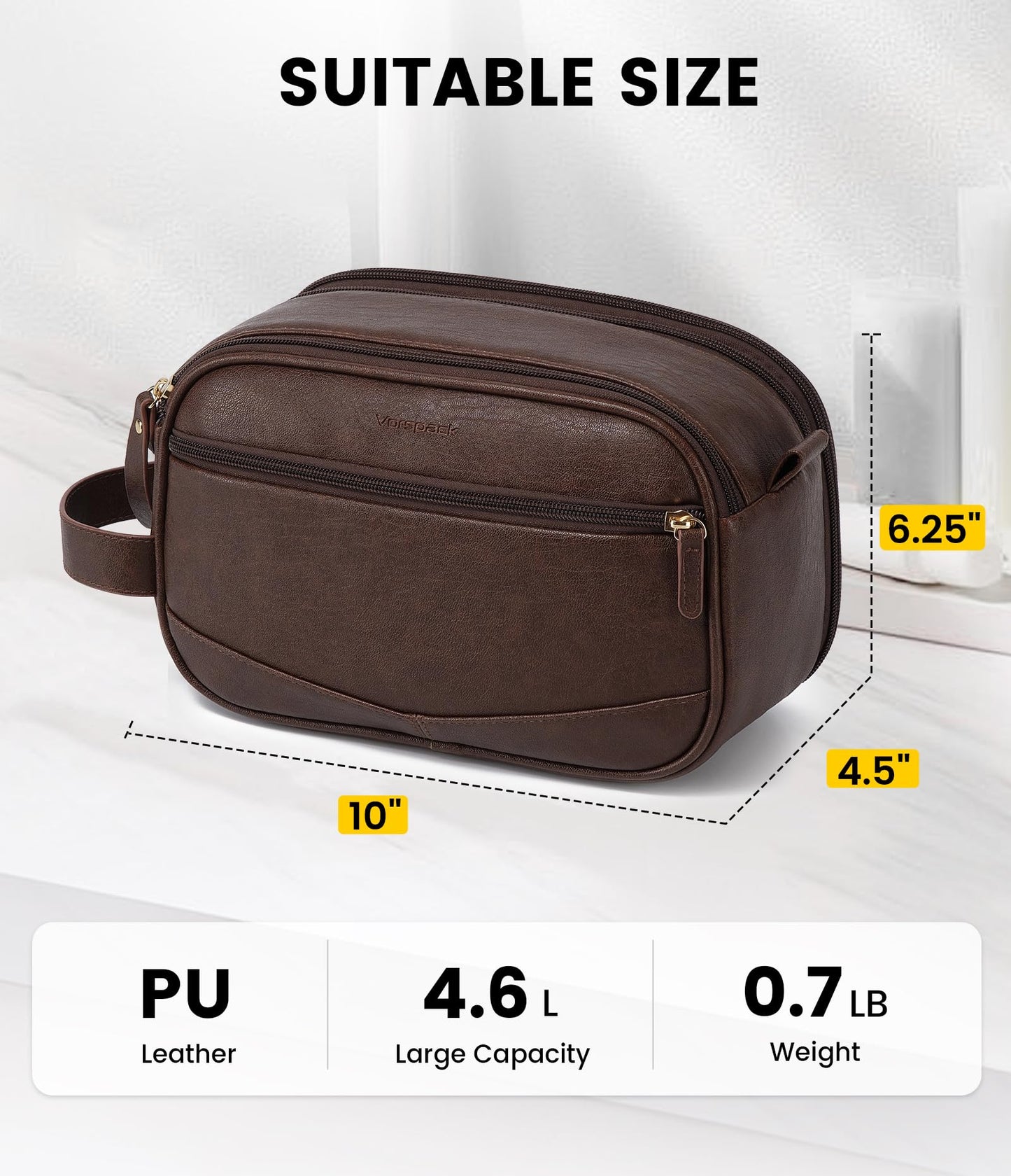 Vorspack PU Leather Toiletry Bag for Men - Water Resistant Travel Bag for Toiletries, Shaving, Grooming, Bathroom Essentials - Dark Brown