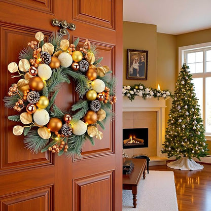YULETIME 20-inch Christmas Wreath, Battery Operated Holiday Wreath with 20 Fairy Lights, Golden Baubles & Berries, Pine Cones, Golden Leaves, Frosted Spruce Branches and Pine Needles (Gold)