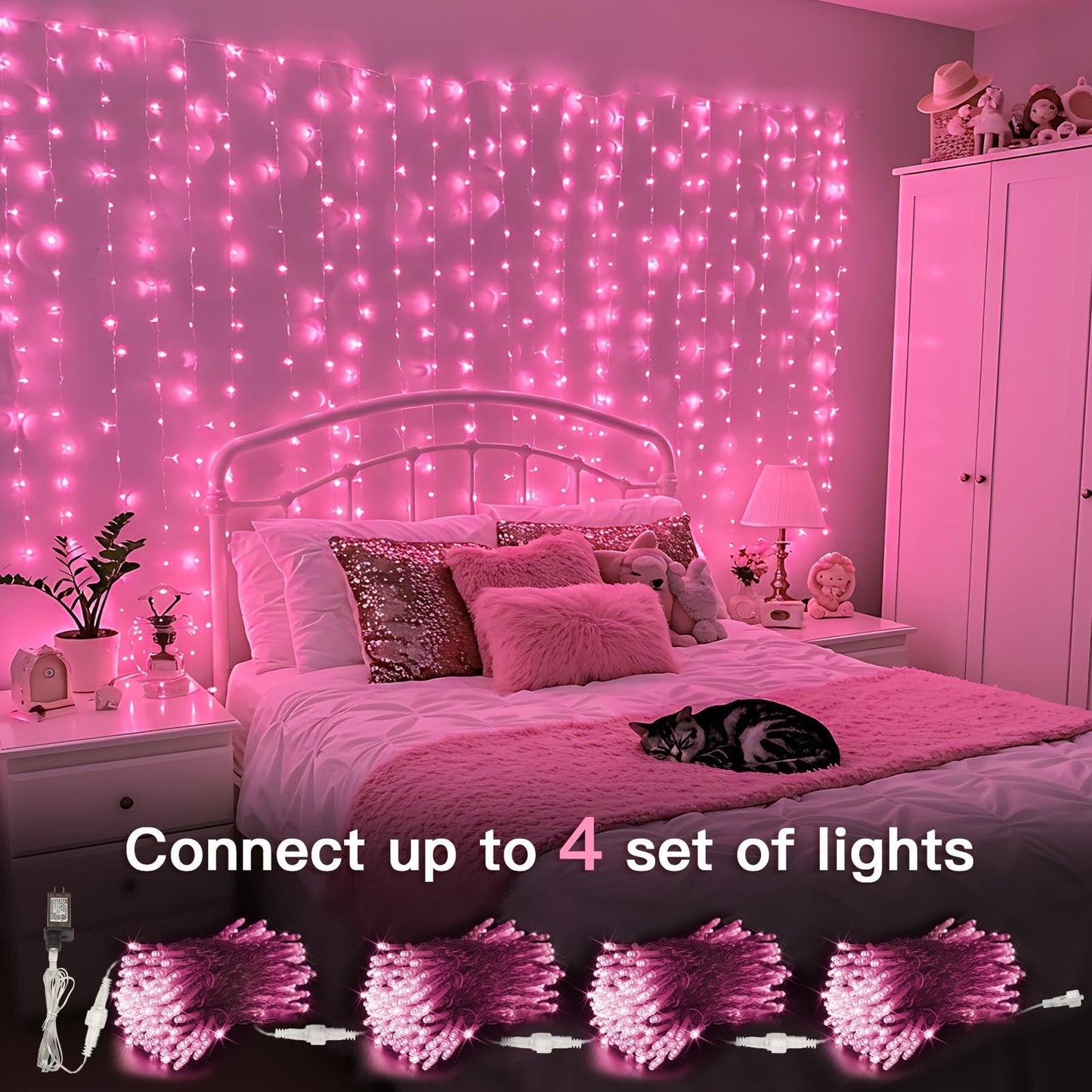 suddus Curtain Lights for Bedroom, 300 Led 9.8ft x 9.8ft Hanging String Lights Outdoor, Fairy Curtain Lights for Backdrop, Window, Wall, Wedding, Party,Birthday Decoration,Pink