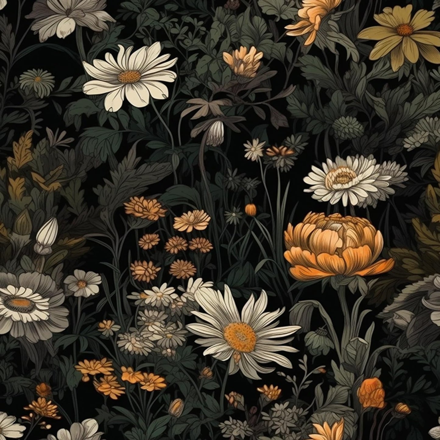 Black Floral Peel and Stick Wallpaper, Vintage Dark Botanical Contact Paper, Gold Daisy Self Adhesive Vinyl Wall Paper Waterproof&Removable Renter Friendly Wallpaper for Bedroom Cabinet 15.7"x 197"