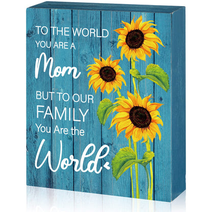 Shellwei Christmas Mom Gift To The World You Are a Mom But to Our Family You Are The World Wood Plaque Sign Mother's Day Gifts Sunflower Wooden Mother Signs Xmas Gifts from Son Daughter