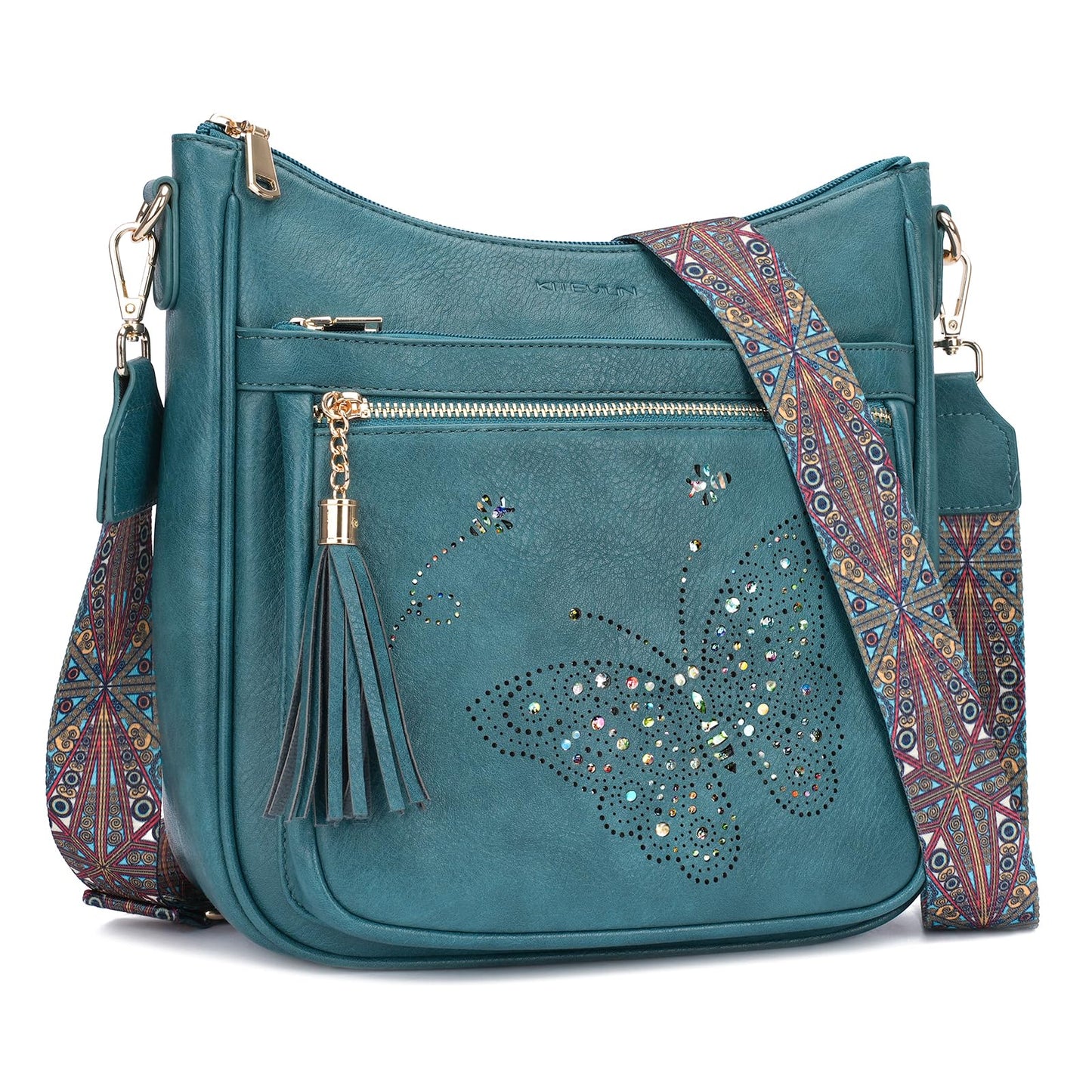 KITEVIUN Medium Crossbody Bags for Women Trendy, Vegan Leather Crossbody Purse Butterfly Design, Women's Shoulder Handbags with Tassel