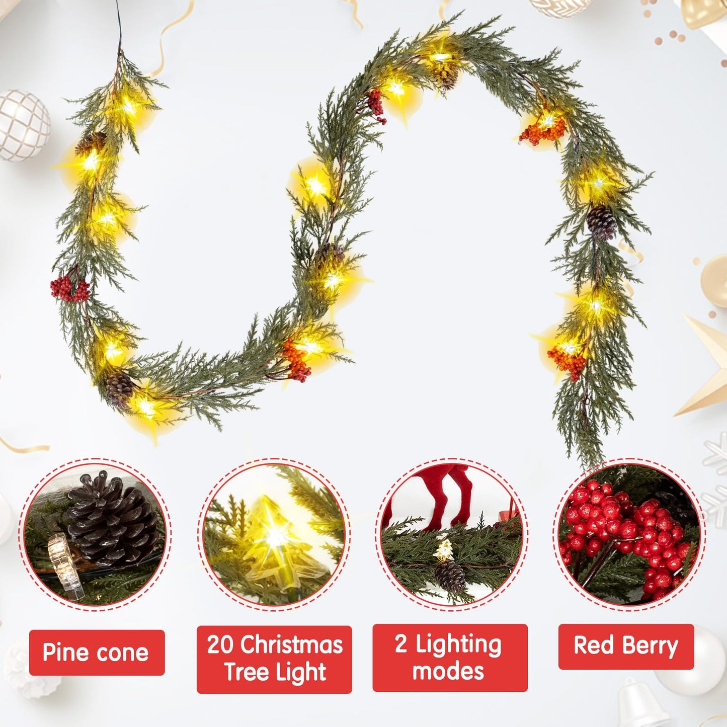 HUZIYAHAN Prelit Christmas Garland with Lights 6FT Christmas Tree Lighted Garland Outdoor Indoor Battery Operated Garland for Mantel Table Porch Stair Wall Winter Home Holiday Christmas Decorations