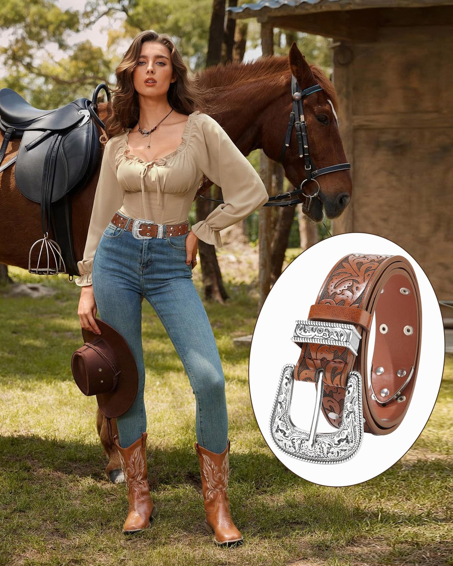 Kajeer Western Belt for Women, Women Cowboy Belt Vintage Engraved Rivet Cowgirl Country PU Leather Belt for Pants Jean