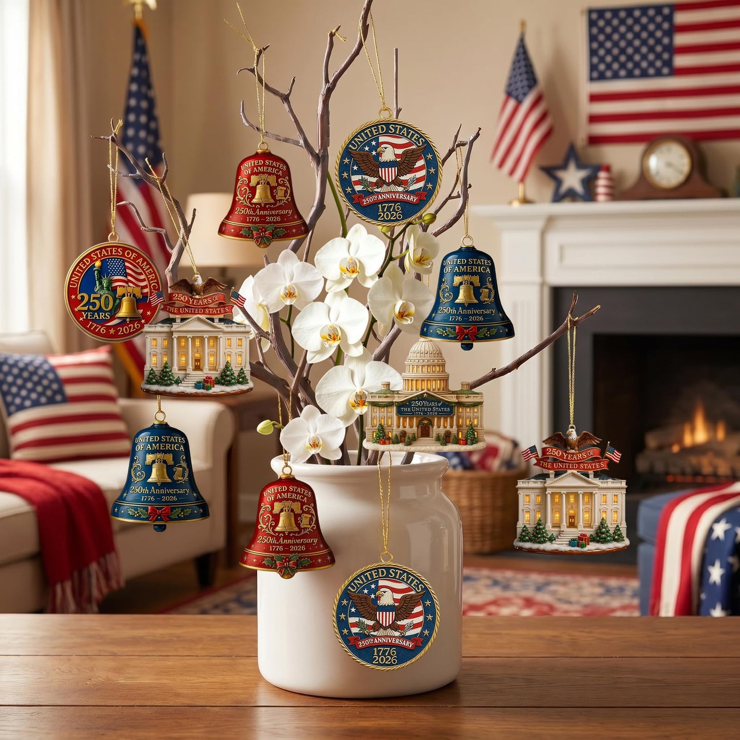 4pc 250th Anniversary USA Bell Ornament for 4th of July Decorations, 2D Acrylic 250 Anniversary Merchandise, America 250th Birthday Gifts, 250th Patriotic Decorations for Holiday Ornament Gift Bulk
