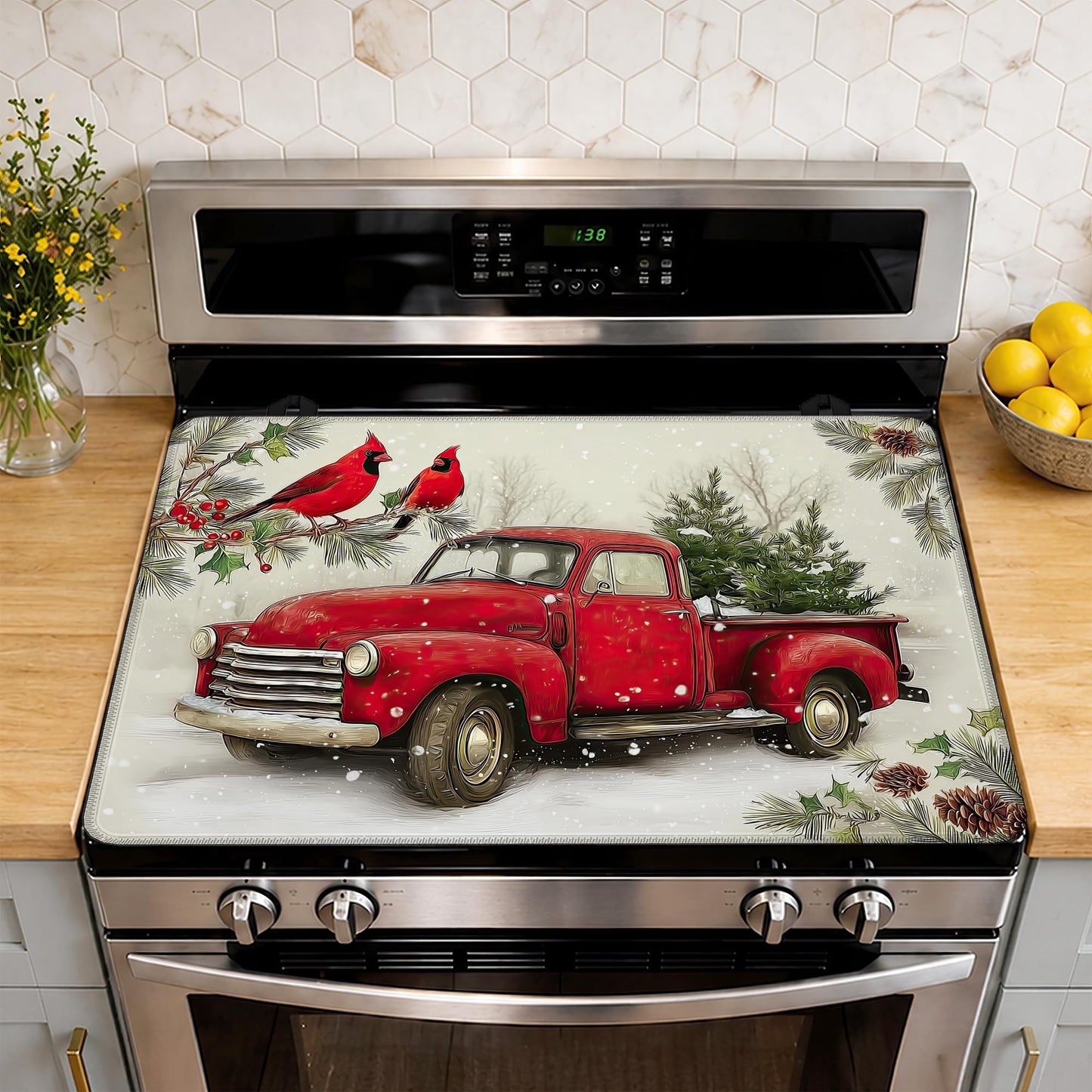 Red Truck Christmas Stove Top Cover for Electric Stove 28.5"x 20.5",Cardinal BirdHeat Resistant Glass Top Stove Cover Protector, Glass Cooktop Covers, Kitchen Flat Electric Stove Top Covers