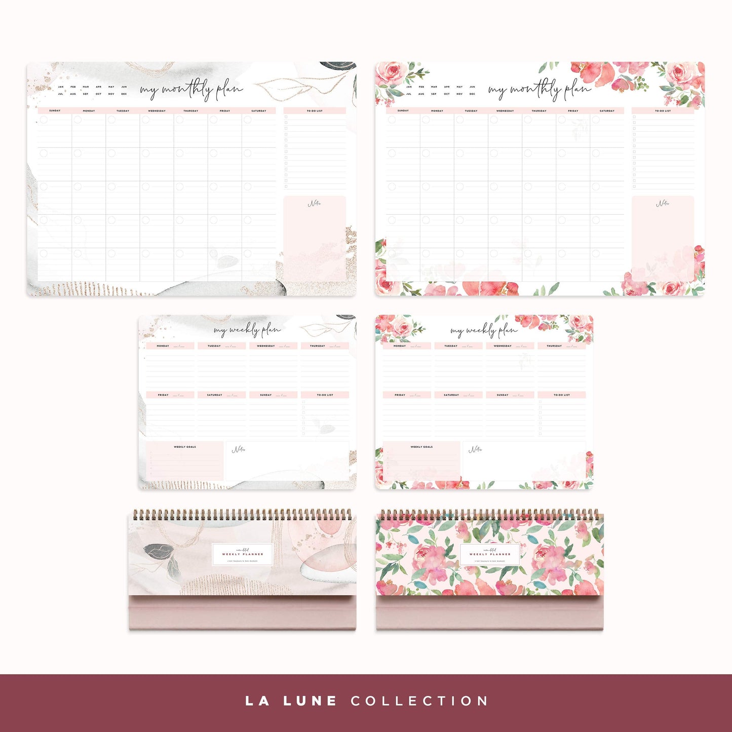 Belle Fleur Non-Dated Spiral Weekly Desk Calendar Planner, 60 Week Inspirational to Do List Pad Desktop Stand, 3.75" x 10.5", La Lune Collection by Bright Day