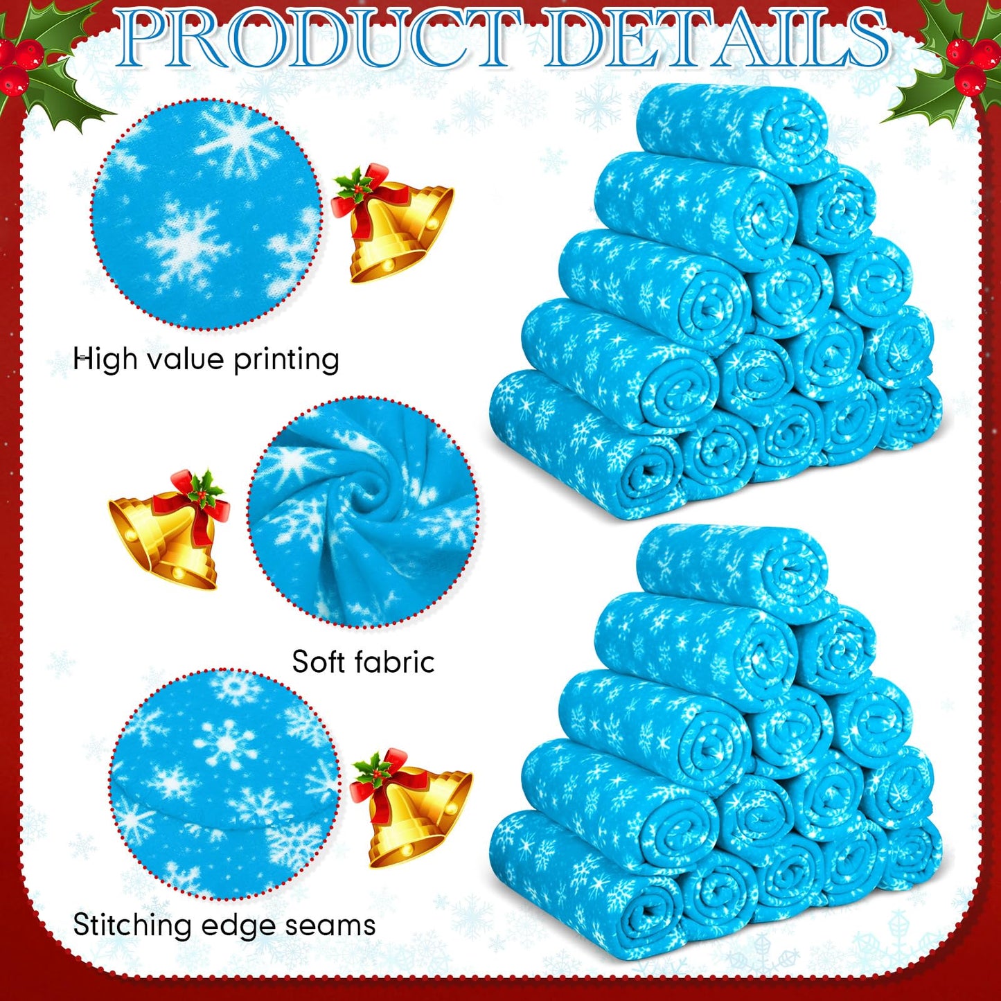 Moukeren 24 Pcs Christmas Snowflake Throw Blanket Bulk, 59 x 47 Inch Xmas Winter Throw Blanket Christmas Warm Soft Cozy Fleece for Home Bedding Couch Chair Gift (Blue)