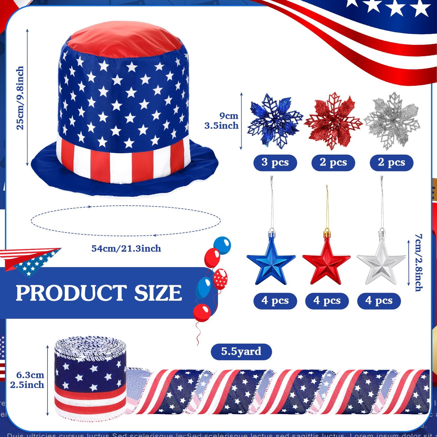 43 Pcs 4th of July Patriotic Tree Decorations Independence Day Christmas Tree Ornaments Ribbon Bow Topper Red White and Blue Hanging Ornaments for National Memorial Day Party