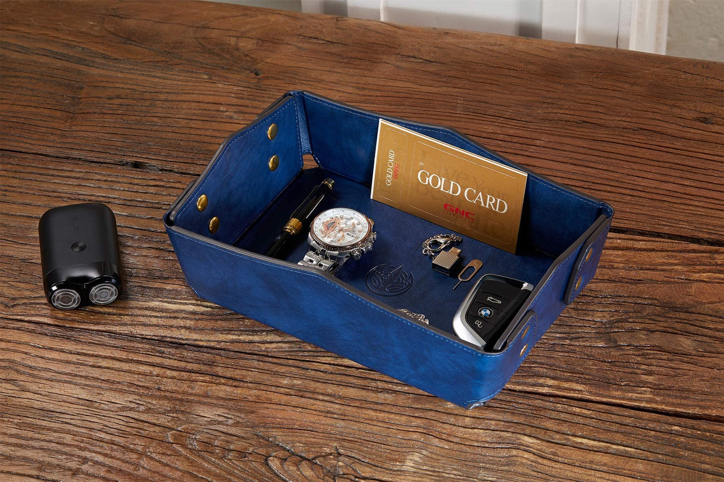 OARIE Leather Bedside Storage Tray - Jewelry Organizer for Girl's Key, Wallet, Coin Box - Travel PU Valet Tray (Dark Blue)