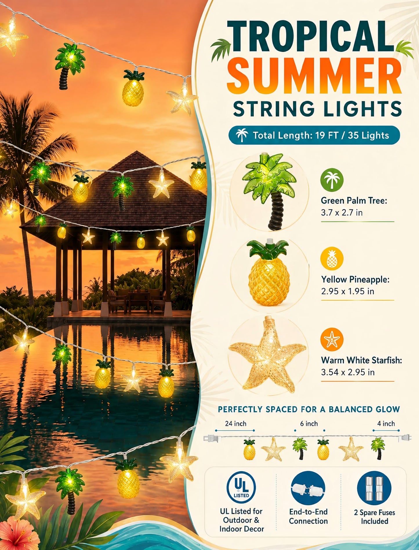 19Ft Hawaiian Beach String Lights Outdoor with 35 LED Starfish, Pineapple & Palm Tree Lights, Plug-in Tropical Party Decoration for Patio, Backyard, Garden, Window, Tiki Bar, Pool Party Decor