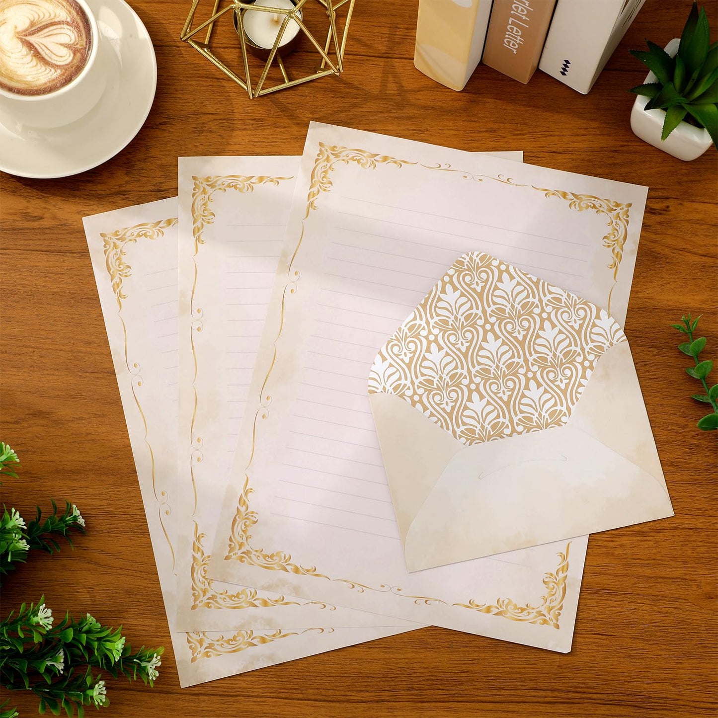 Whaline 60 Vintage Stationery Paper Set Gold Border Letter Writing Paper with Envelopes for Greeting Card Invitation Office Printing, 8.5 x 11 Inch