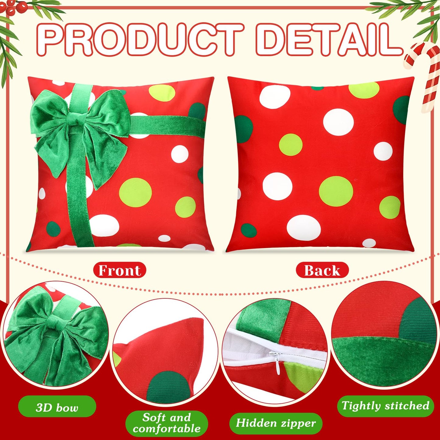 Breling 4 Set Christmas Pillow Covers 3D Bows Gift Box Pillow Cases 18 x 18 Inch Red Green Stripe Dot Xmas Winter Cushion Cases for Christmas Home Chair Bed Sofa Cushion Decor