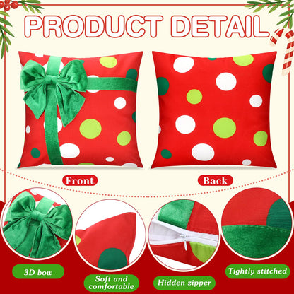 Breling 4 Set Christmas Pillow Covers 3D Bows Gift Box Pillow Cases 18 x 18 Inch Red Green Stripe Dot Xmas Winter Cushion Cases for Christmas Home Chair Bed Sofa Cushion Decor