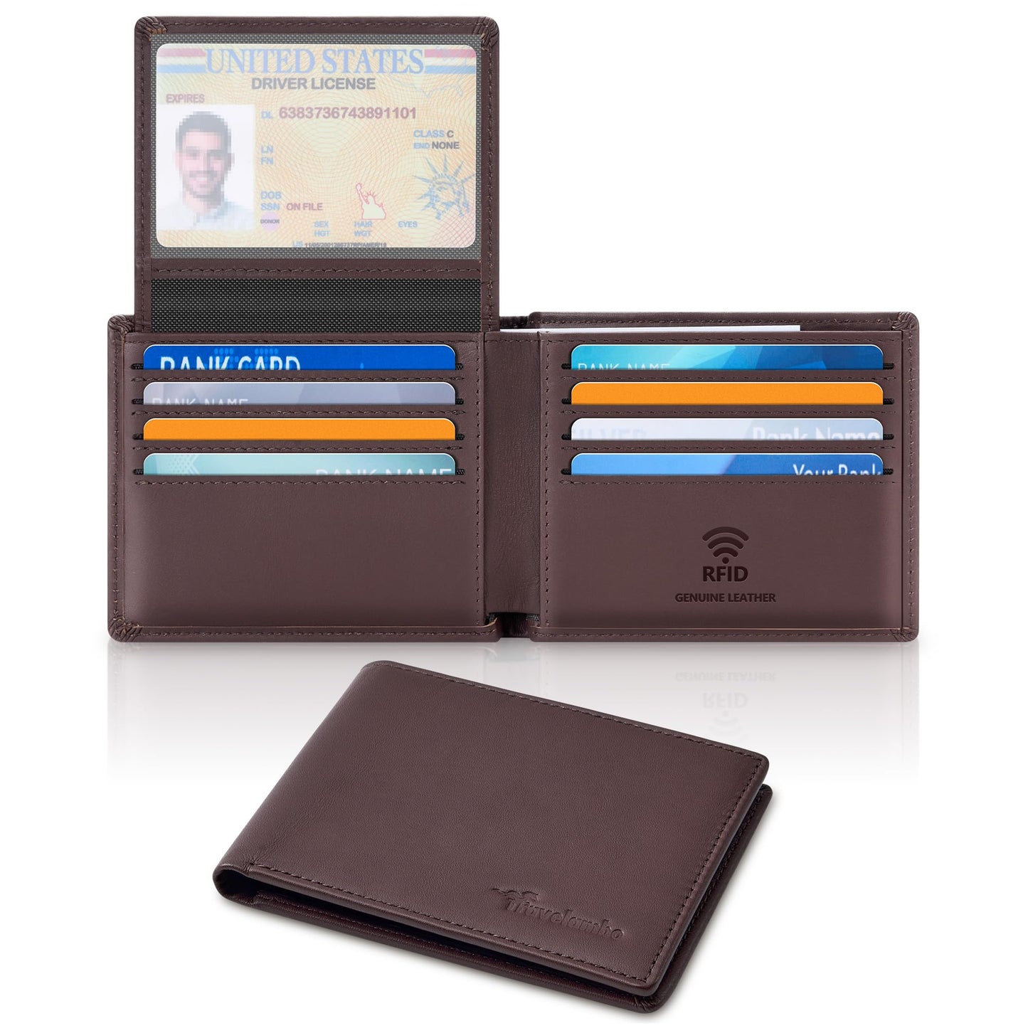 Travelambo Genuine Leather Wallet for Men with Gift Box - Handmade Bifold Stylish - Mens Wallets Rfid Blocking with 2 ID Windows