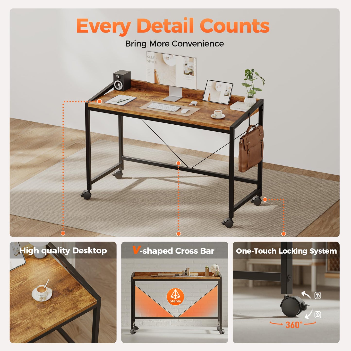 Mericonia 48 inch Rolling Computer Desk with Wheels, Gaming Desk for Small Spaces, Modern Simple Style Table for Home Office, Study Writing Table