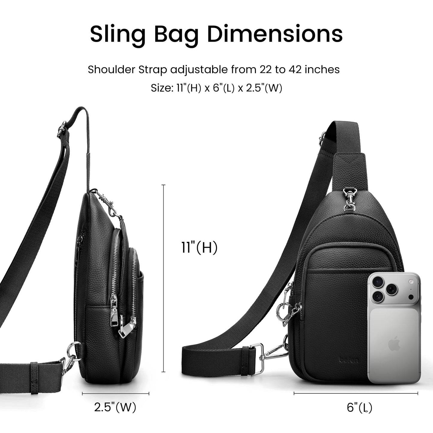 befen Black Genuine Leather Small Sling Bag for Women Anti-Theft Crossbody Chest Bags Multi-Pockets Fanny Pack with RFID Card Slots for Travel