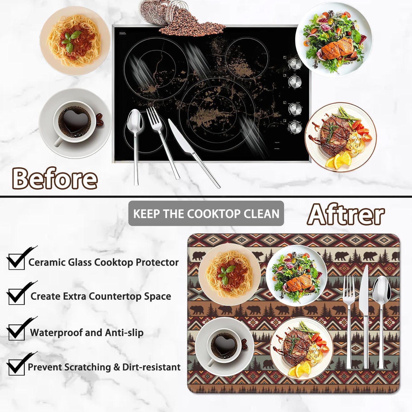 Stove Top Covers for Electric Stove,Forests Bears Indians Rubber Flat RV Range Stovetop Protector,Prevents Scratching, Expands Usable Space 28.5'' x 20.5''