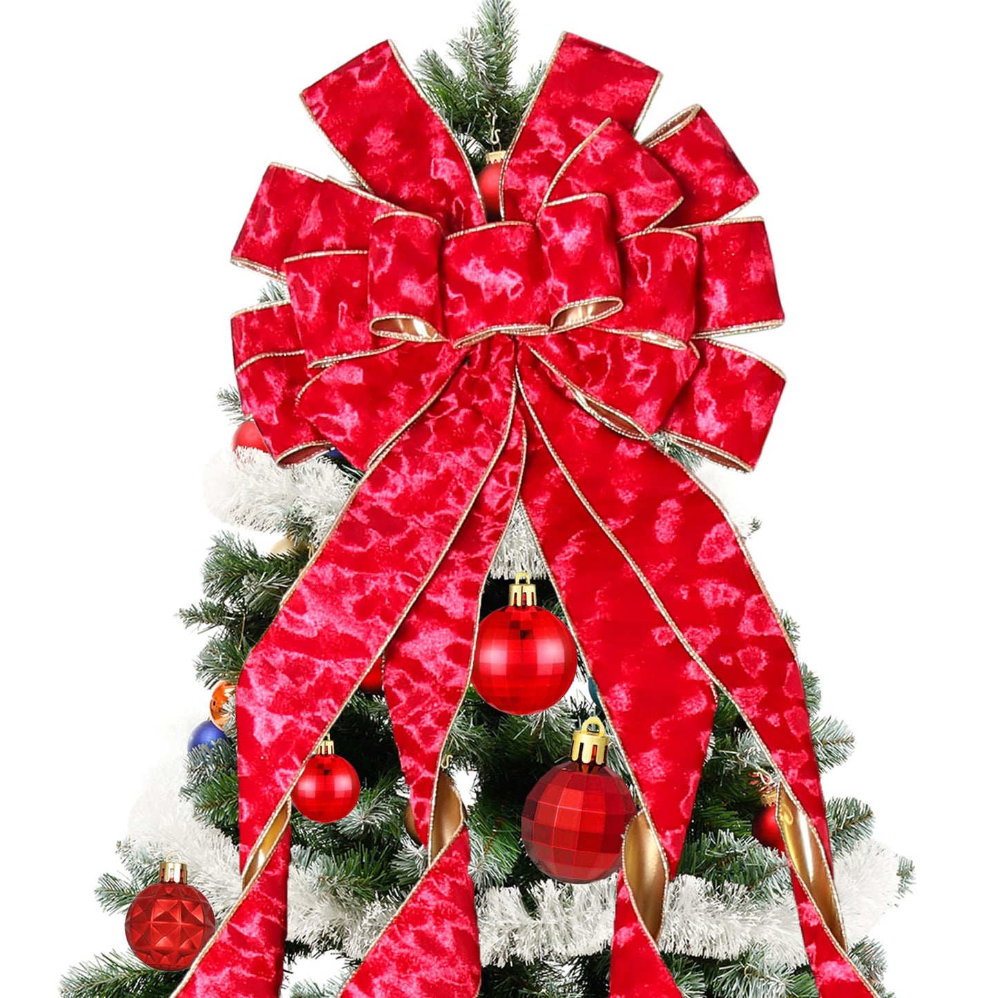 Christmas Tree Topper Christmas Wreath Bow, 52 * 13 inches Tree Toppers Bow with Grinding Ring Patterned Velvet Ribbon for Xmas Tree Christmas Rustic Farmhouse Home Holiday Party Decorations Red