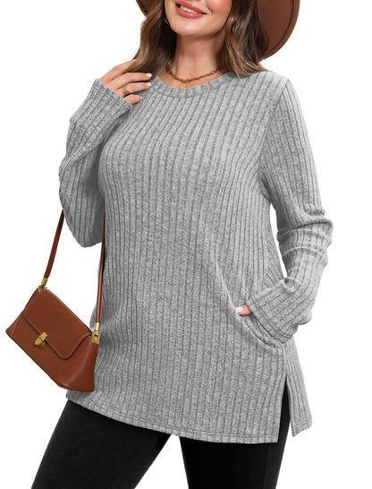 SAMPEEL Womens Sweaters Crewneck Long Sleeve Shirts with Pockets Fall Outfits 2025 Fashion Winter Clothing Side Slit