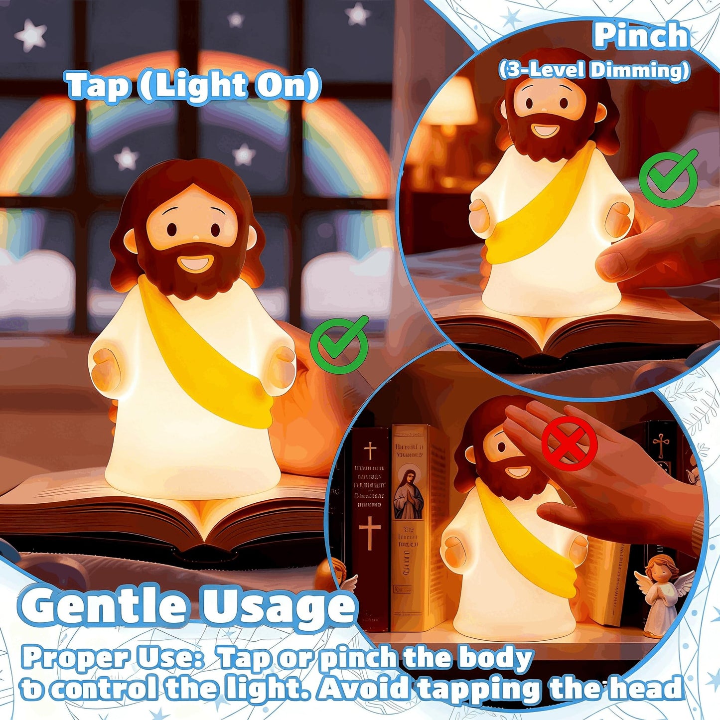 magical JD Little Jesus Night Light, Mini Silicone Jesus Lamp, Dimmable Rechargeable Touch Bedside Lamp for Nursery & Kids, Ideal Religious Gift for Christmas, Easter and Baptism(Yellow)