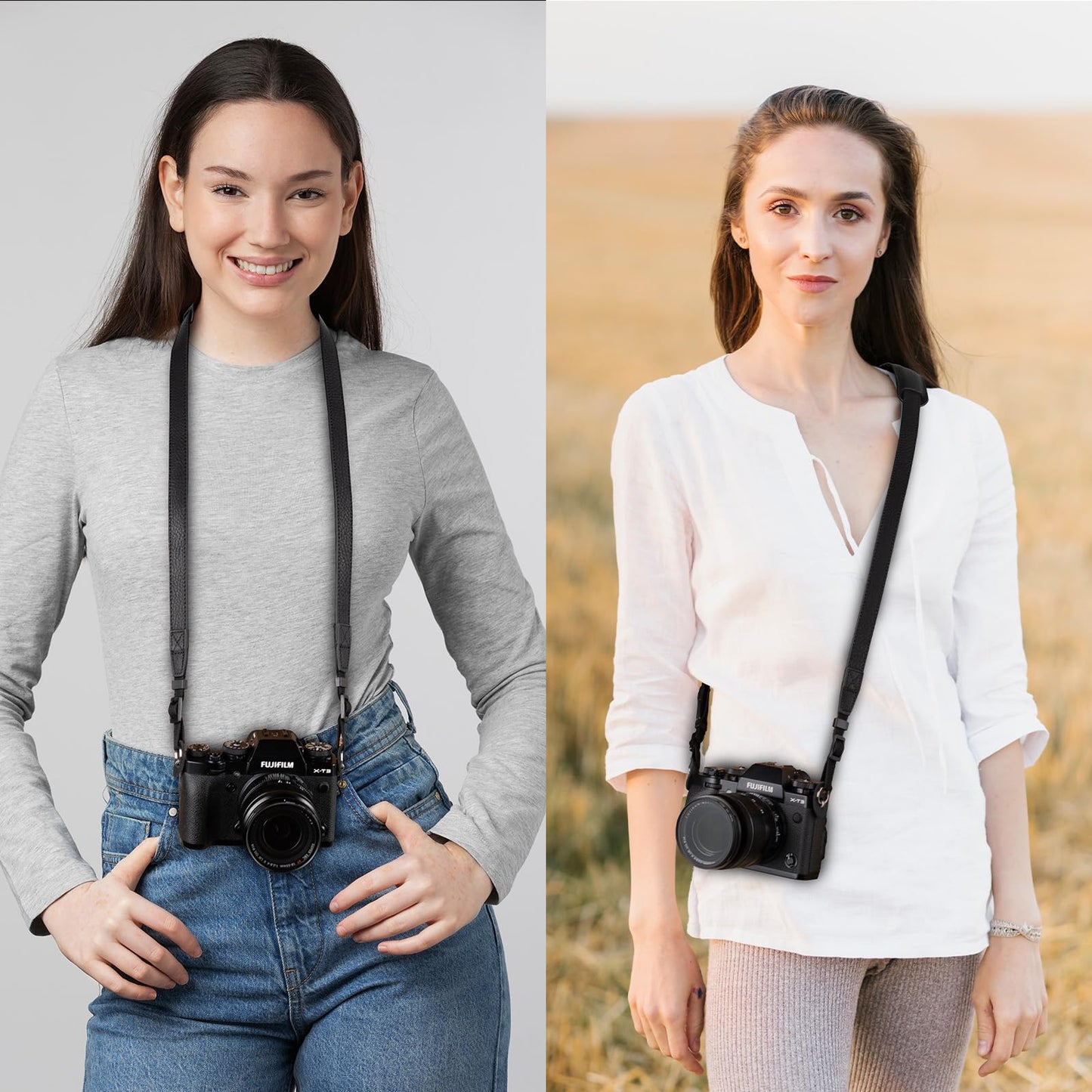 MUZIRI KIINOKOO Camera Strap Genuine Leather with Nylon Belt - Adjustable Shoulder Neck Strap Comes with Triangular Rings for Most of Digital Cameras- Length 90cm to 140cm - Black