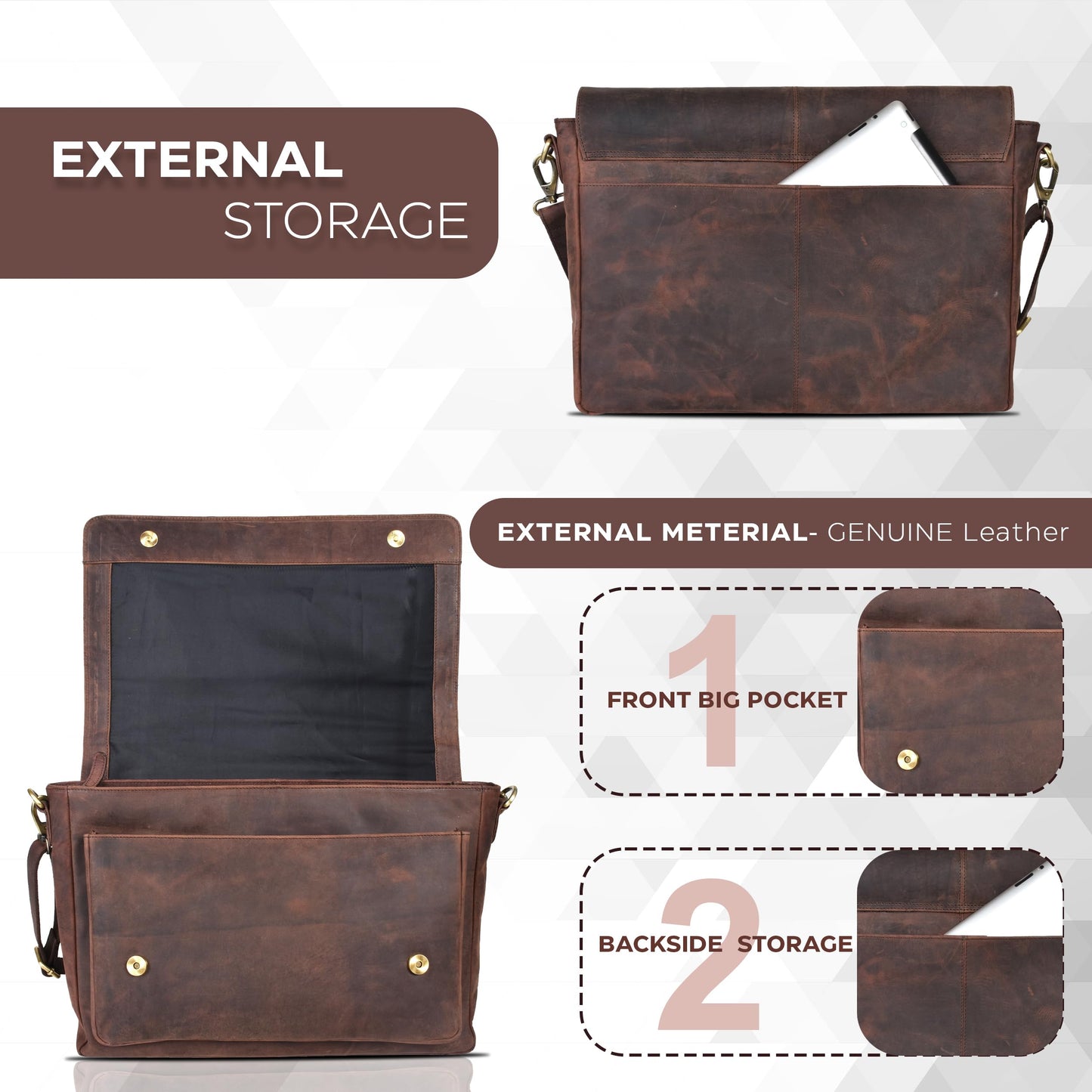 Oak Leathers Leather Messenger Bag for Men and Women - Laptop Briefcase Bag For College, Office, Adjustable Shoulder Strap (Wood)