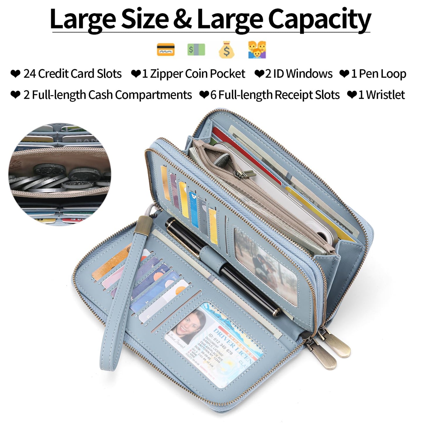 GAEKEAO Wallet for Women Clutch Leather RFID Blocking Wristlet Purse Zip Around Wallets Large Capacity Credit Card Holder