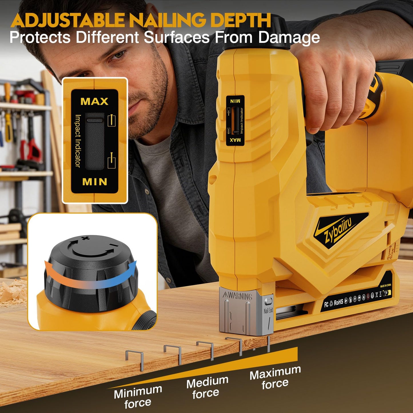 Zybaiiru 3-In-1 Cordless Nail Gun - Compatible with DEWALT 20V Battery - 18 GA Electric Brad Nailer with 1000 x 18GA Nails & 1000 x T50 Staples & 1000 x 1014J Staples for Wood & Home DIY (No Battery)