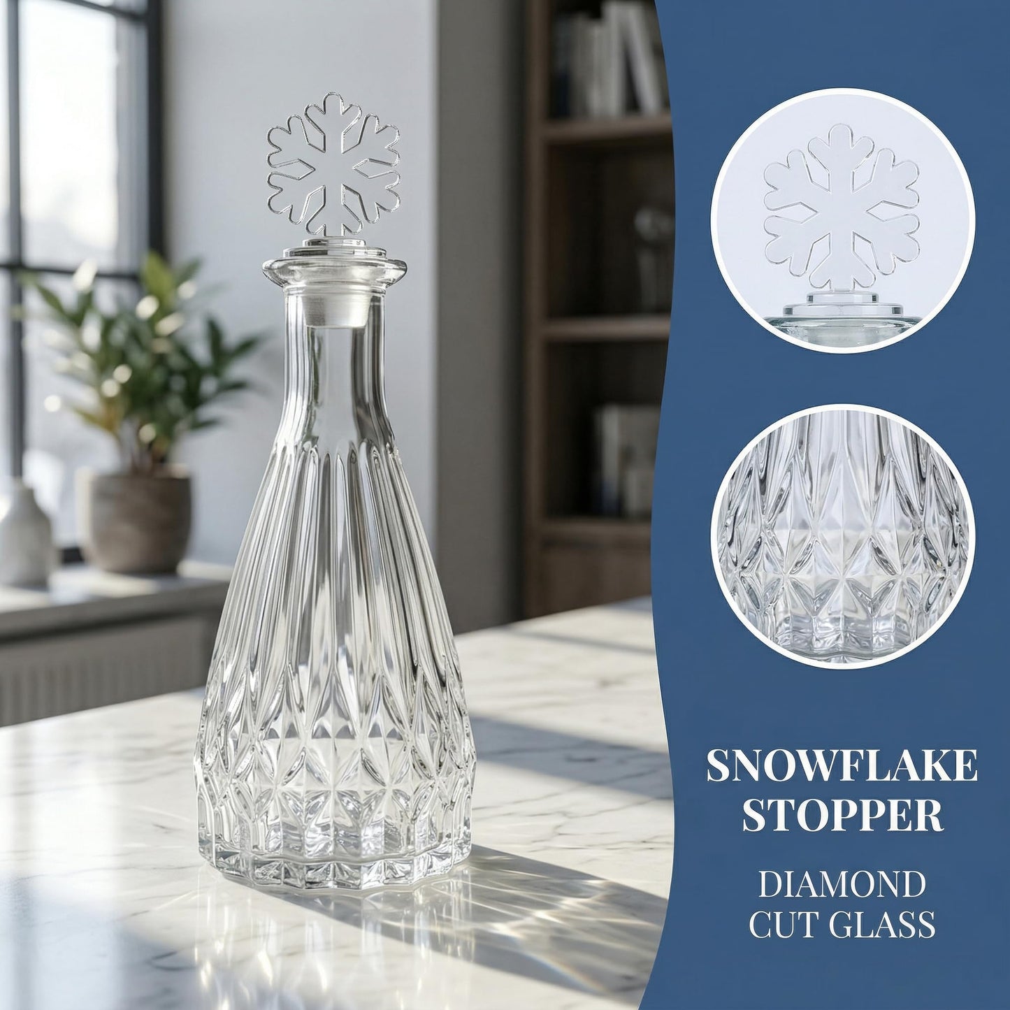 HMETOL 2pcs-Decorative Glass Jars with Ornate Glass Stoppers, Elegant Home Decor, Essential Oil Vials 2.8" L x 2.8" W x 7.5" H Snowflake Shaped Snap Cover
