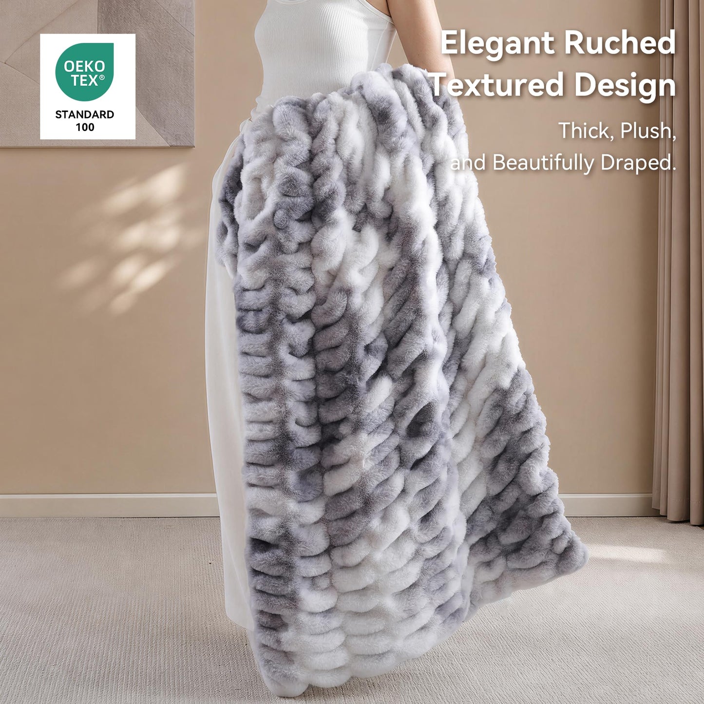 Smoofy Tie-dye Grey Throw Blanket for Couch – Luxury Faux Rabbit Fur Blanket, Ultra Soft Fluffy Plush Fuzzy, Lightweight Warm Cozy Blanket for Bed Sofa, Aesthetic Room Decor Gift for Women 60"x80"