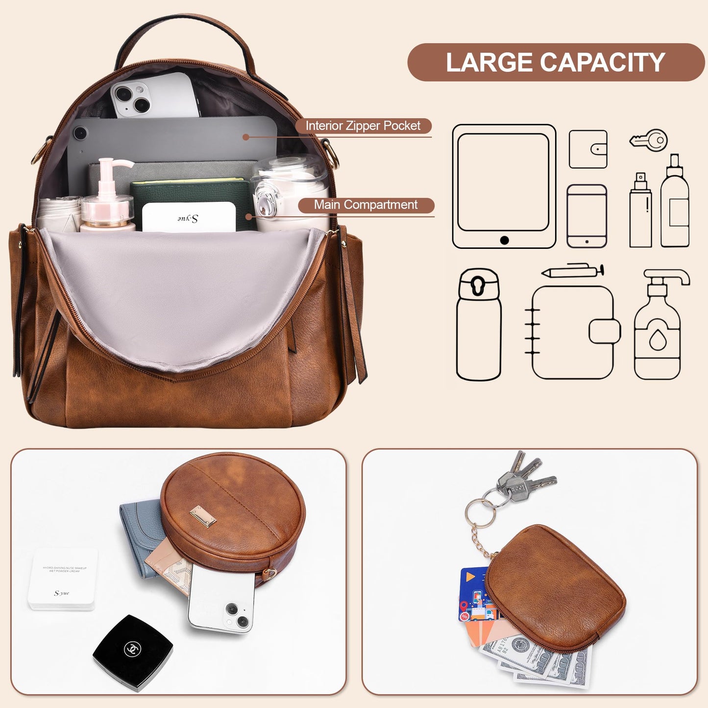 CTTOVIS Small Backpack for Women Designer Leather Mini Backpack Purse Ladies Fashion Roomy Shoulder Handbag (Caramel-3)