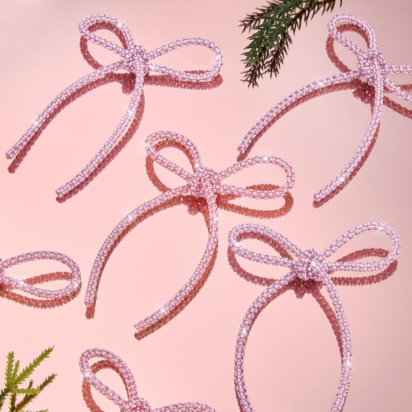 FLAIR GIFTS 6 Pcs 4.3" x 6" 2026 Christmas Bows for Decor, Mix Pink Sparkly Glitter Rhinestone Bow Ornaments with Twist Tie for Decoration, Wreath, Garland, Gift Wrapping
