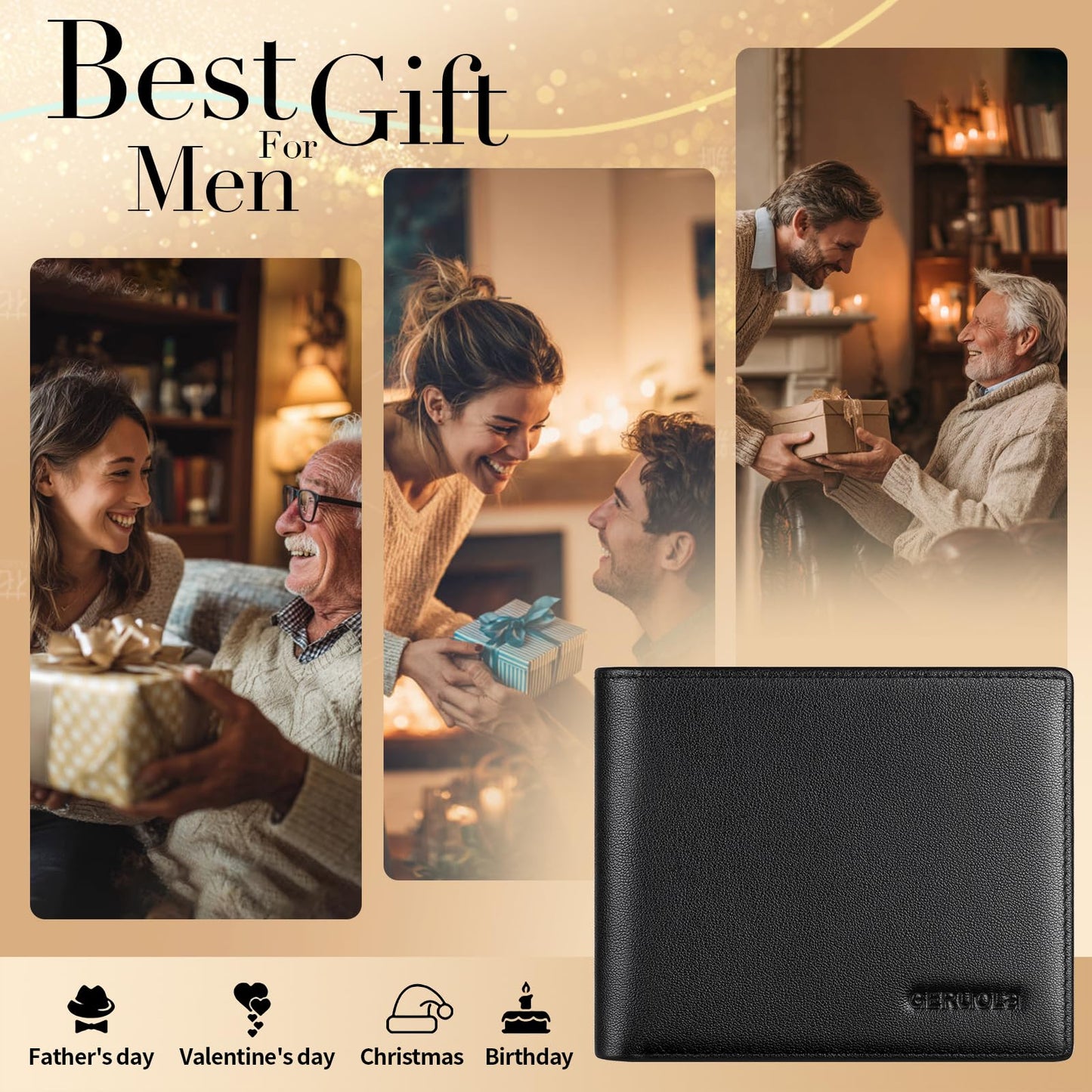 Leather Wallets for Men, Genuine Leather Mens Wallets Bifold Rfid Blocking with 2 ID Windows Bifold Top Flip, Extra Capacity Travel Wallet (Black)