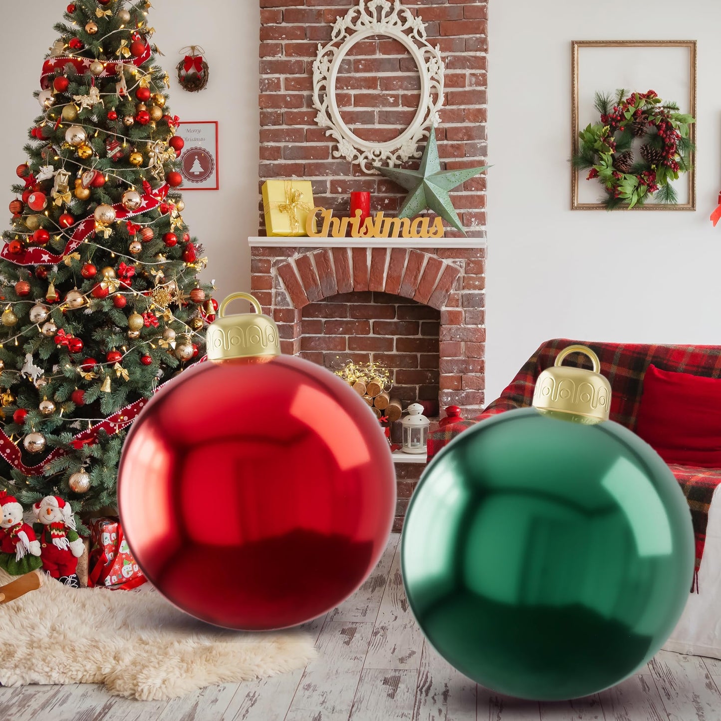 2PCS PVC Christmas Inflatable Ball 24 Inch Giant Inflatable Christmas Decorations Ball Christmas Ornament Balls Xmas Blow up Balls for Outside Holiday Yard Lawn Decor (Red&Green)