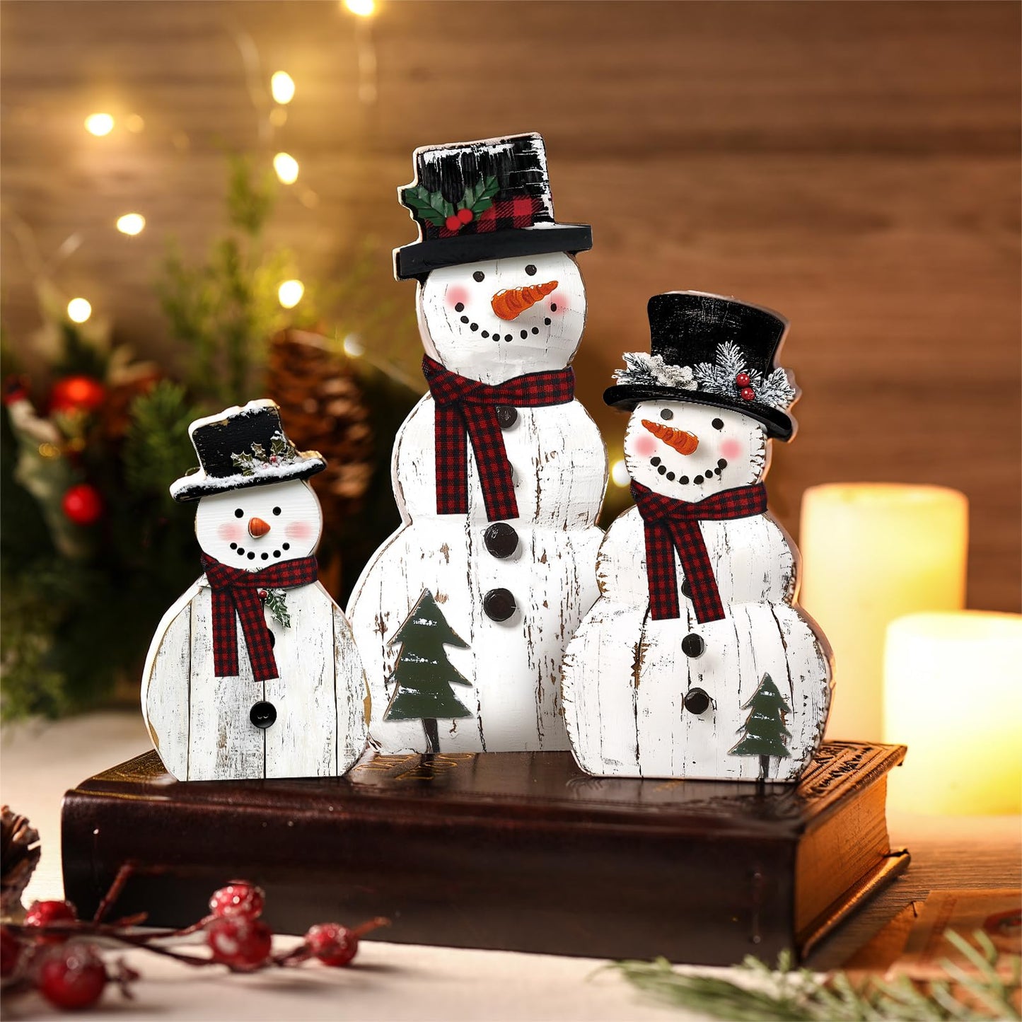 Barydat 3 Pack 3 Pcs Christmas Table Decorations Wooden Snowman Centerpieces Table Sign Tiered Tray Desktop Xmas Decoration for Indoor Home Kitchen Gifts Party (Christmas Tree Snowman)