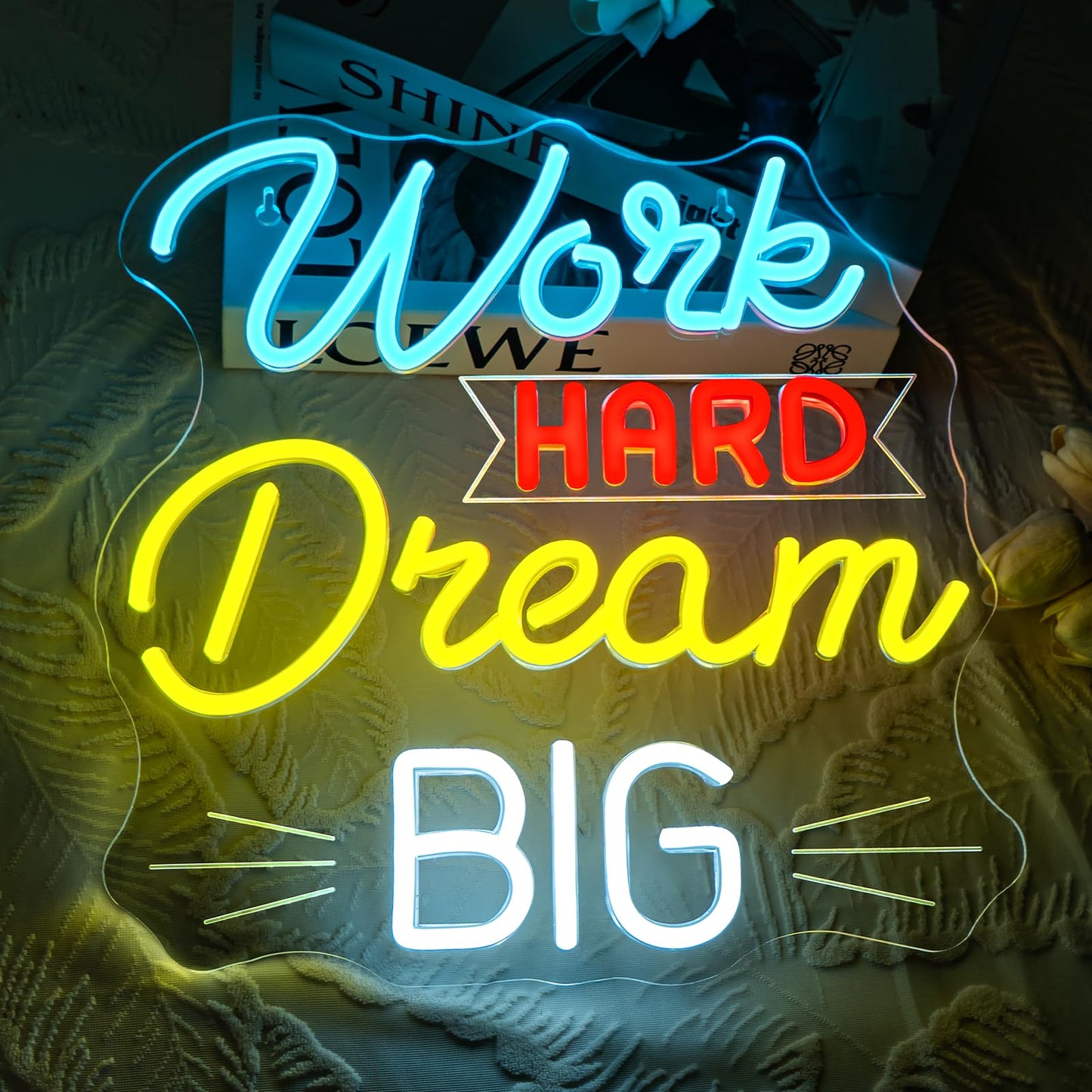 NOSUN Work Hard Dream Big Neon Sign Inspirational slogan personal studio LED Sign Wall Decor Adjustable Brightness Neon Signs USB Connect Neon Light for Bedroom Home Bar Club Hotel Party Decor