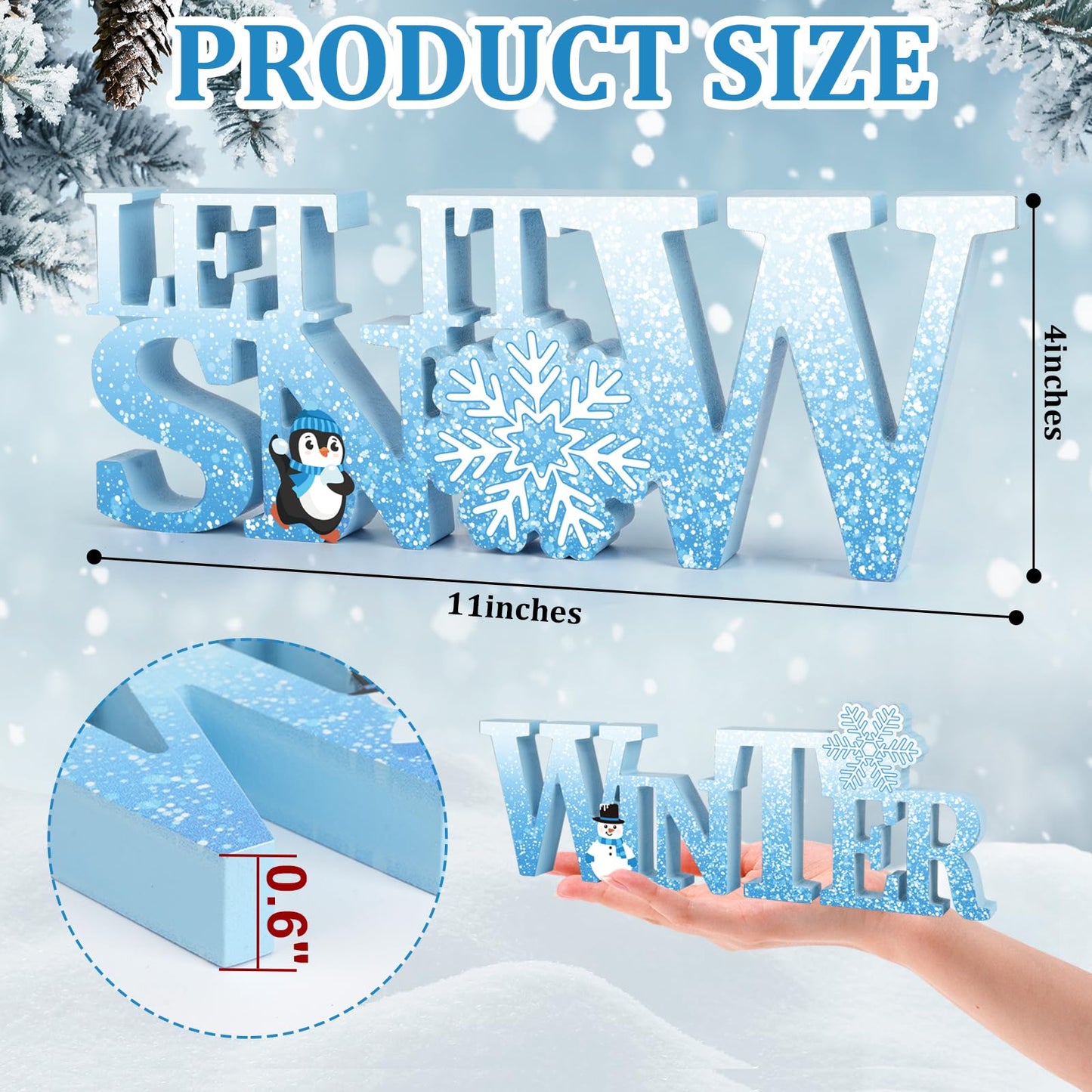COCHIE Wooden Winter Let It Snow Sign, Snowflake Winter Decorations for Home, Office, Shelf, Mantel, Indoor, Blue White Wood Table Top Party Decor (Blue)