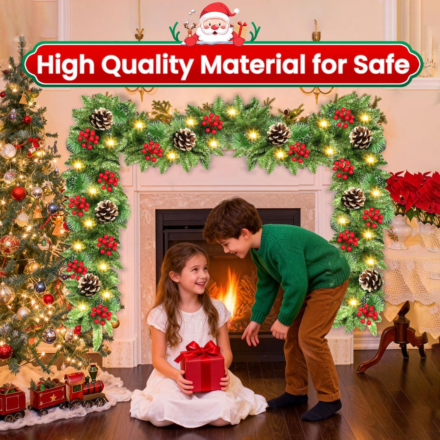 Christmas Garland, JTSIOV 9ft Artificial Christmas Tree Garland with 9ft Lights, Pine Cones, Red Berries, Branch Tips, Waterproof Christmas Decoration for Stairs, Fireplace, Door, Xmas Trees, Garden