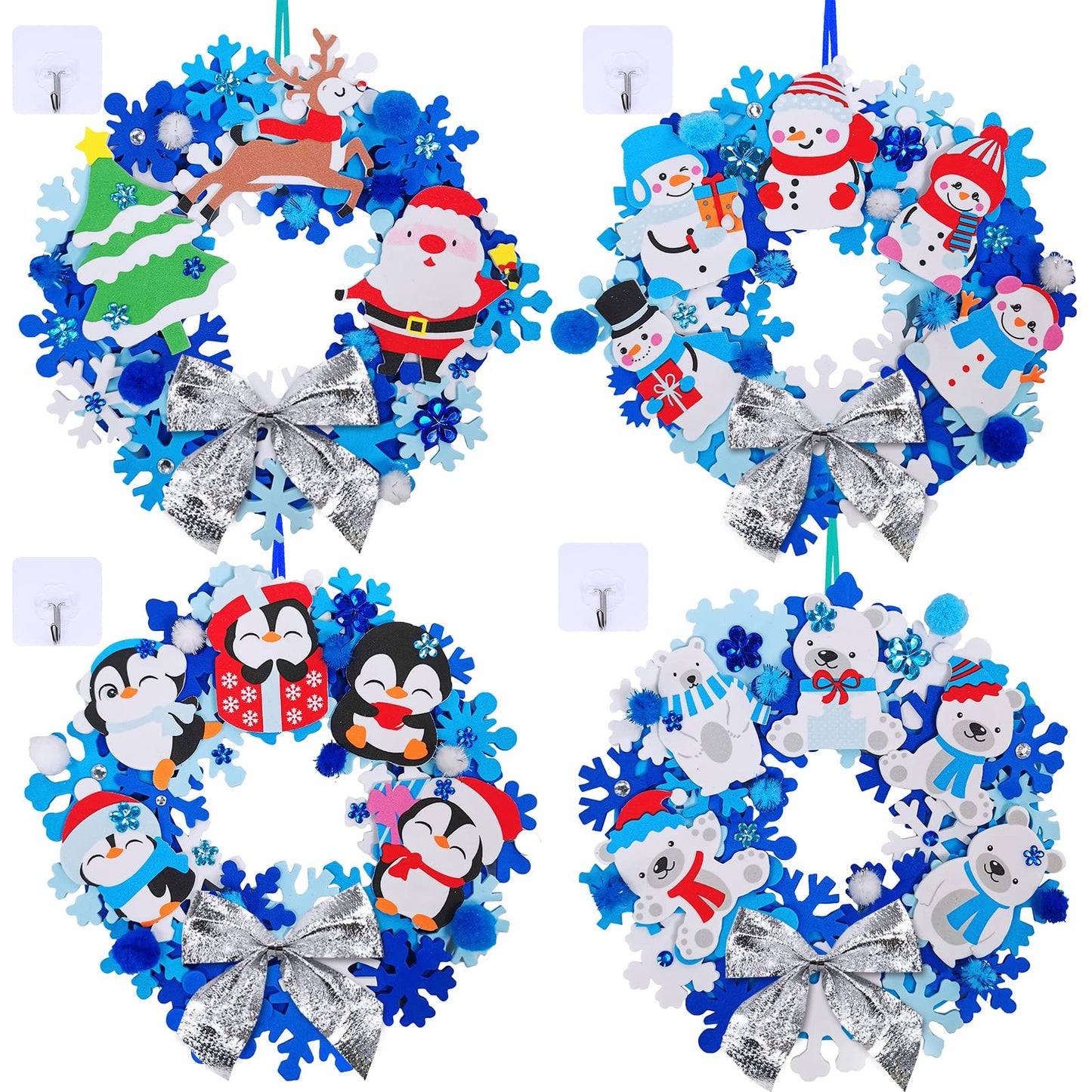 Winlyn 12 Sets Winter Crafts DIY Christmas Snowflake Wreath Ornaments Decorations Art Sets Snowman Santa Foam Stickers for Kids Classroom Activities
