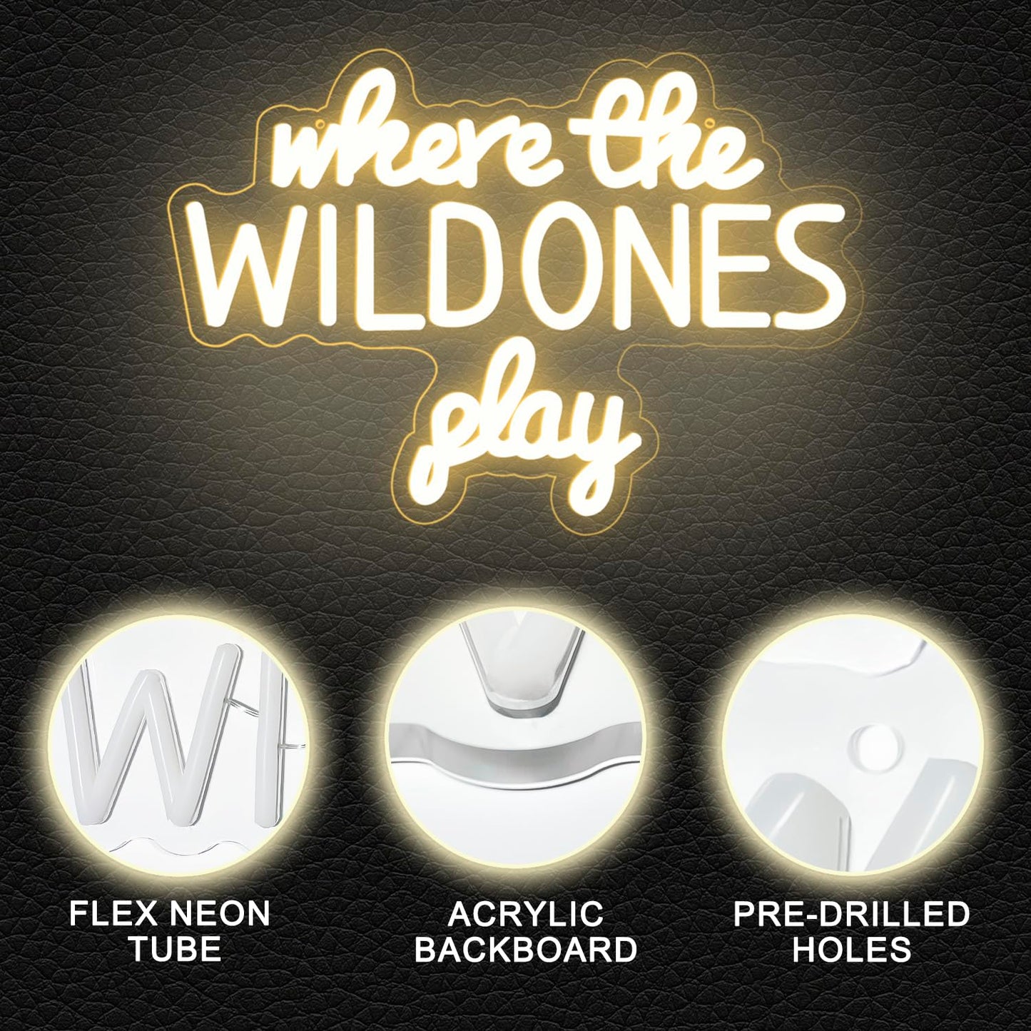 Where the Wild Ones Play Neon Sign Dimmable Neon Signs for Wall Decor Letter LED Signs USB Light Up Sign for Playroom Wall Decor Playroom Decoration Essentials