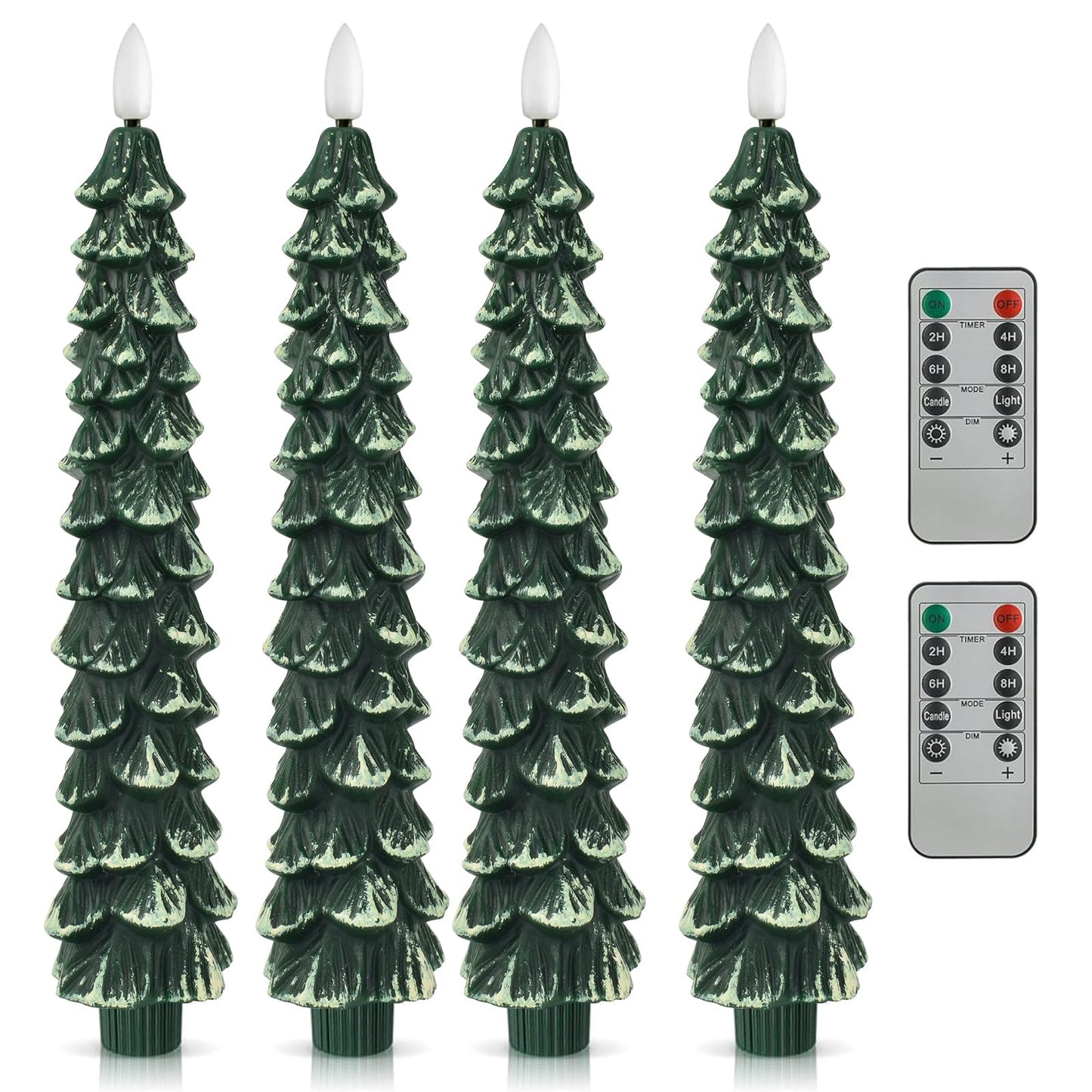 FYBW Christmas Tree Flameless Taper Candles with Remote Timer,4 Pcs Green LED Taper Candles with 3D Flame for Holiday Decorations (Snowy Green B)