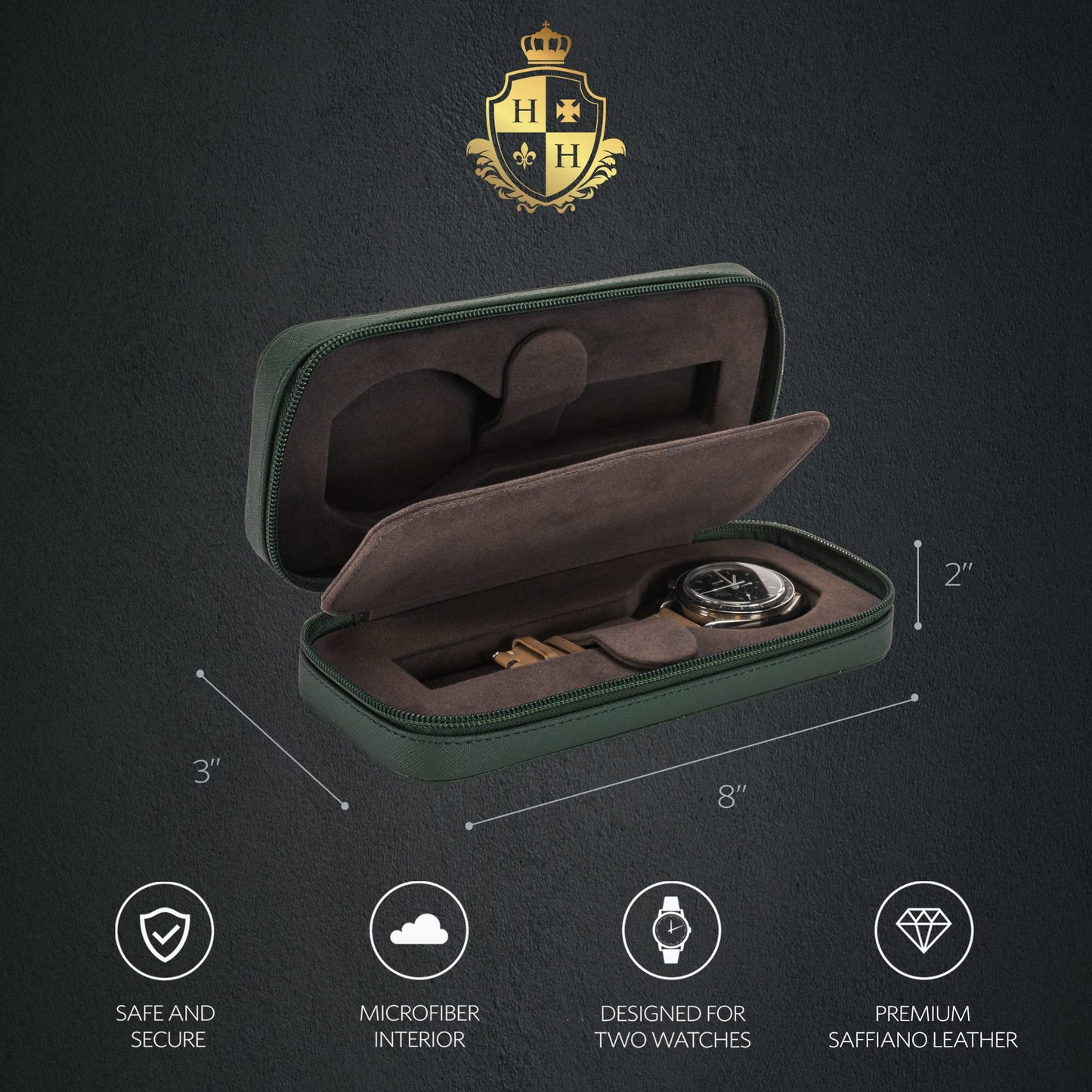 HOUSEOFHIGGINS Double Travel Watch Case - Holds 2 Watches - Saffiano Leather - Soft Microfiber Lining, Fits Up to 42mm Watches - Reliable Storage for Home or Travel