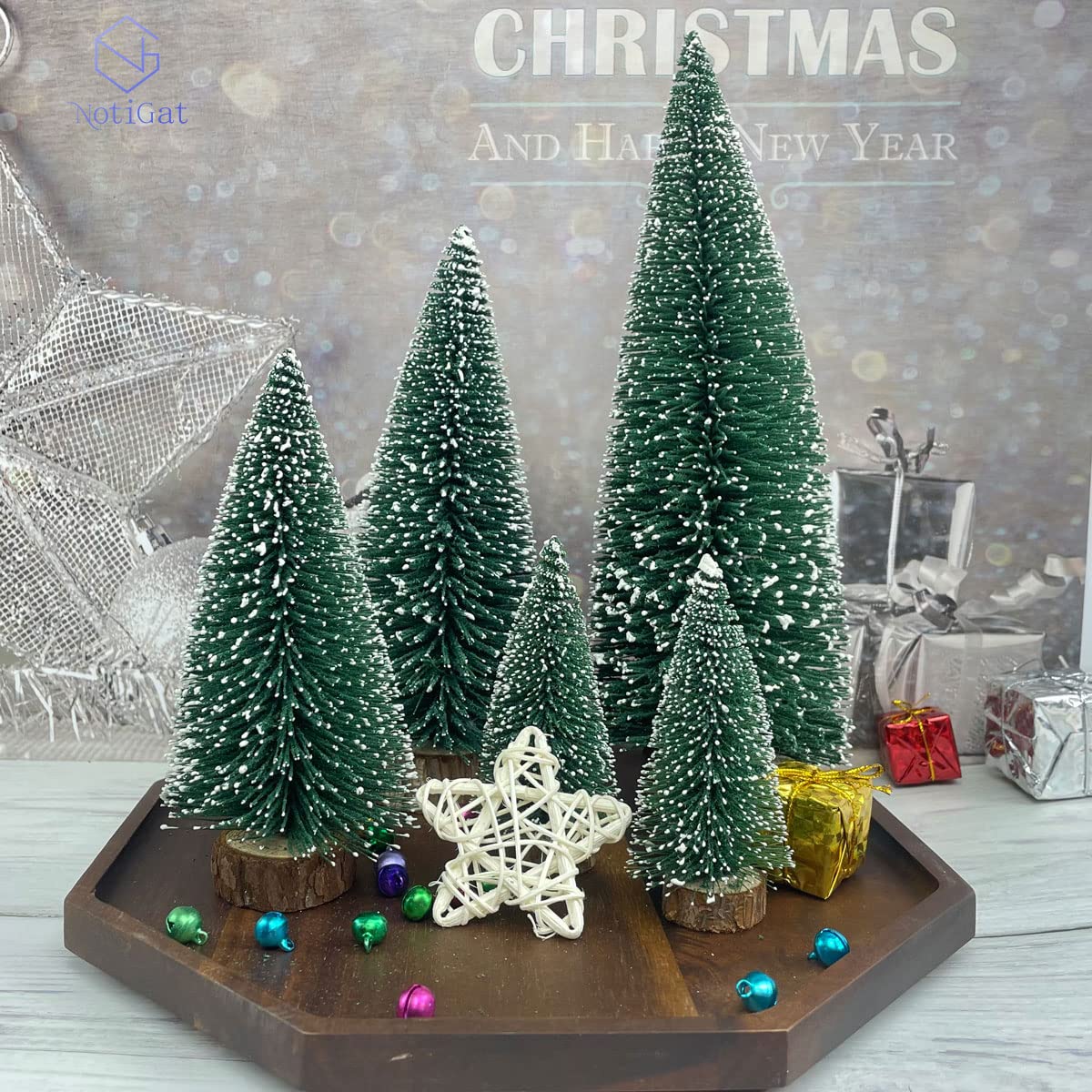 NotiGat mini Christmas Tree Bottle Brush Christmas Trees with Wooden Bases Christmas Decorations for Party Table top decer Christmas Tree （5pcs）