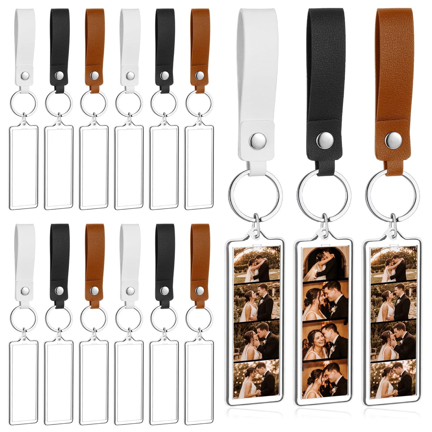 ForraFun 30 Pcs 1x3 Inch PU Leather Mini Photo Strip Keychain Frames Acrylic Photo Booth Keychain Picture Keyring Holder Blank for Wedding Birthday Gift Photobooth Party Favors